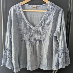 Chambray Blue Washed Cotton Rayon Eyelet 3/4 Bell Sleeve Boho Blouse Top L/XL